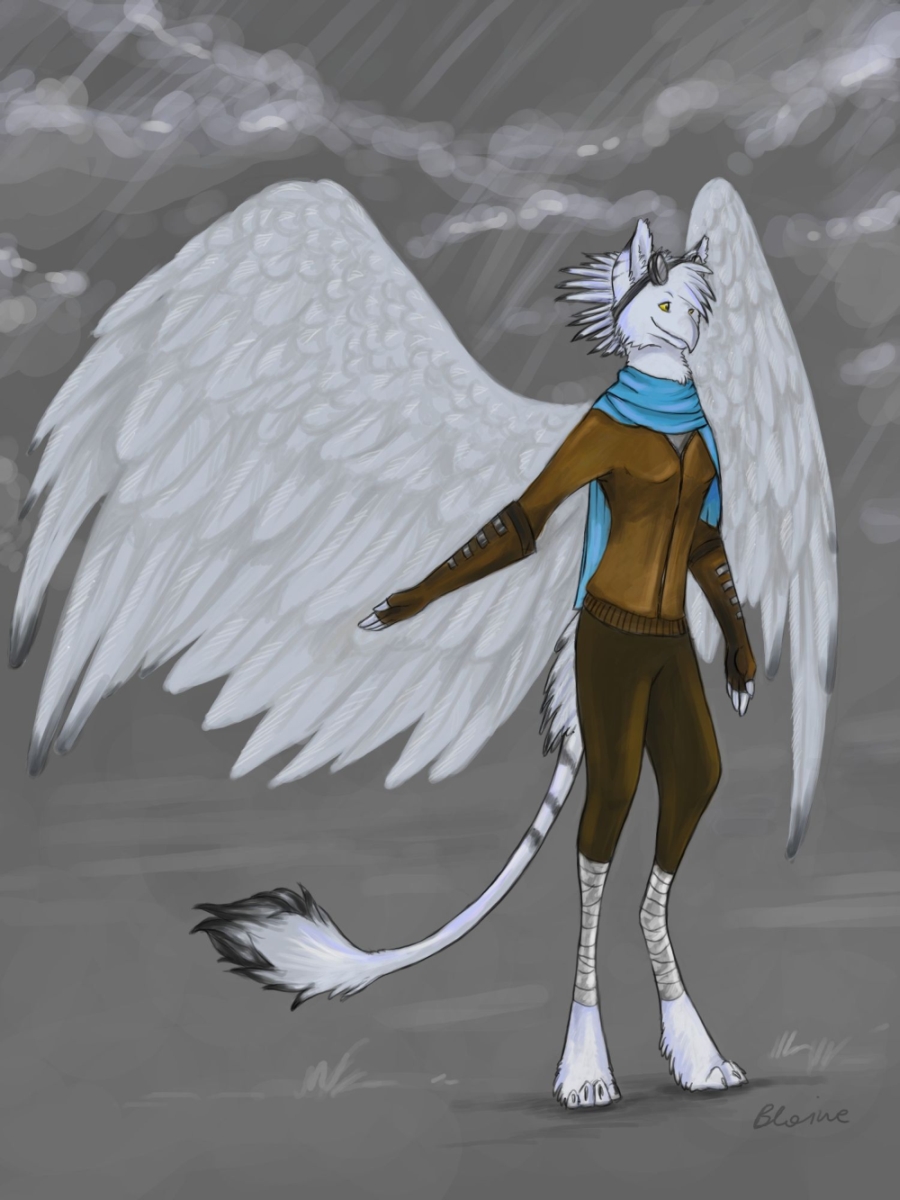 amber_eyes avian beak blajn blajn_(character) clothed clothing digitigrade eyewear feather female fingerless_gloves gloves goggles gryph000 gryphon rain scarf simple_background solo spot_color white white_body white_feathers wings