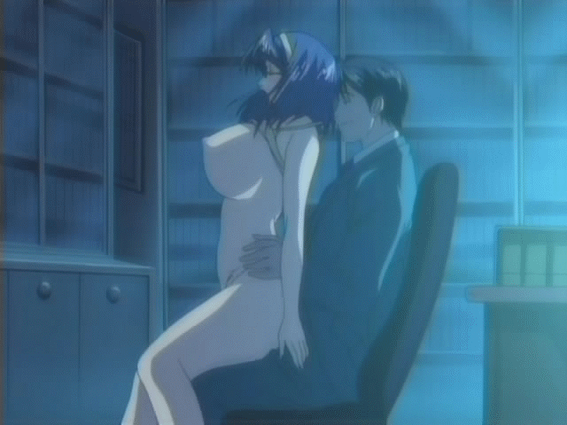 1boy 1girl animated animated_gif blue_hair bouncing_breasts breasts clothed_male_nude_female girl_on_top glasses hetero large_breasts lingeries lingeries_office moaning nipples reverse_cowgirl reverse_cowgirl_position riding sakurai_chisa sex spread_legs straddle straddling underwear vaginal
