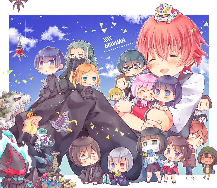 6+boys 6+girls alexis_kerib anosillus_ii anti_(ssss.gridman) apron bangs blonde_hair blue_hair blue_sky blunt_bangs bob_cut borr brown_hair bujack cellphone chibi cloud devadadan diriver eating everyone eyes_closed facial_hair formal furuma_ako ghoulgilas go'yavec goatee gonglee gridman_(ssss) hassu heterochromia hibiki_yuuta hood hood_up hooded_jacket hoodie hot_dog hug jacket kaijuu keyboard long_hair looking_back marusa_ramo max_(ssss.gridman) mecha_ghoulgilas multiple_boys multiple_girls namiko nanashi_a nanashi_b obi_masaya open_mouth orange_hair phone ramune red_hair samurai_calibur school_uniform shinjou_akane short_hair sky smartphone smile spoilers ssss.gridman suit surgical_mask takarada_rikka takarada_rikka's_mother utsumi_shou vit wataame106