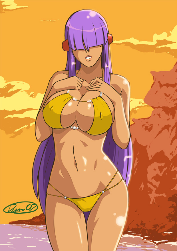 artist_request bikini breast_suppress breasts contrapposto covered_nipples curvy derivative_work hair_over_eyes large_breasts layer lips long_hair mole mole_under_eye purple_hair rockman rockman_x smile solo standing swimsuit very_long_hair