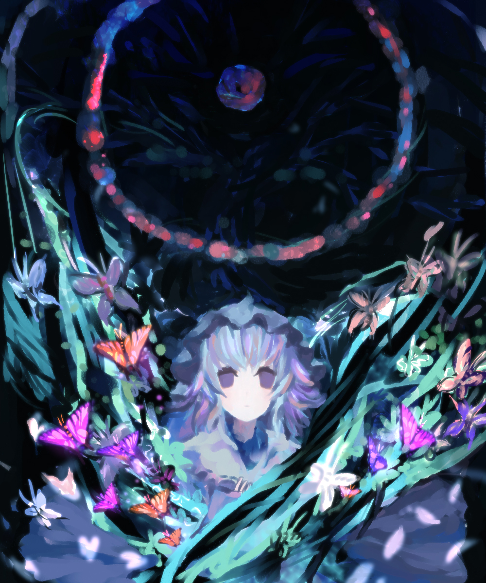 abstract akn bad_id bad_pixiv_id bug butterfly hat highres insect saigyouji_yuyuko short_hair solo touhou