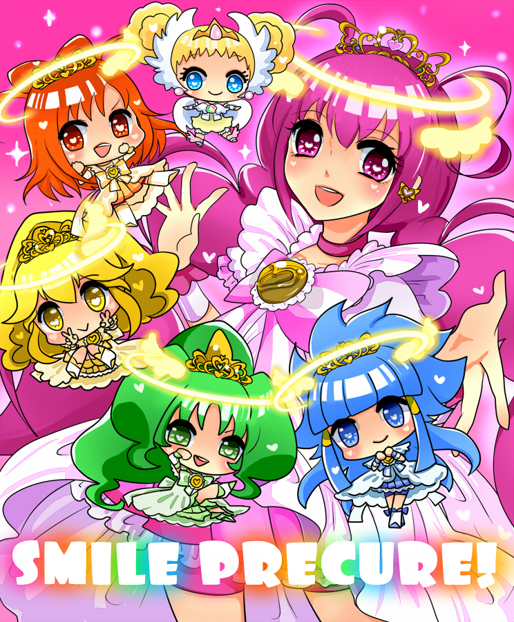 :d aoki_reika blonde_hair blue_eyes blue_hair blush boots bow candy_(smile_precure!) chibi copyright_name cure_beauty cure_happy cure_march cure_peace cure_sunny double_bun double_v dress frills glowing green_eyes green_hair hair_tubes halo head_wings heart heart-shaped_pupils hino_akane_(smile_precure!) hoshizora_miyuki kise_yayoi long_hair mamepote midorikawa_nao minigirl multiple_girls open_mouth orange_eyes orange_hair pink_eyes pink_hair ponytail precure princess_form_(smile_precure!) rainbow_text royal_candy skirt smile smile_precure! sparkle symbol-shaped_pupils thigh_boots thighhighs tiara tri_tails twintails v yellow_eyes