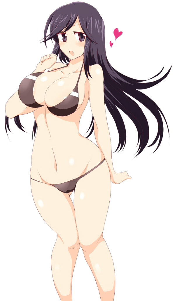 1girl a_channel bikini black_eyes black_hair breasts brown_bikini character_request curvy female heart large_breasts legs long_hair mound_of_venus navel nishi_yuuko simple_background solo source_request standing swimsuit thigh_gap wedge white_background