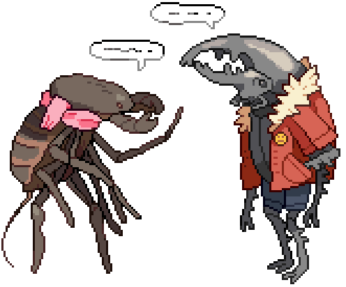 ambiguous_gender arthropod brown_skin clothing dialog fur_trim grey_skin hercules_beetle insect insects jacket multi_limb multiple_legs open_shirt plain_background scarf shirt shorts smiley_face speech_bubbles text transparency transparent_background unknown_species vinegaroon yolk_(artist) yolk_(artists)