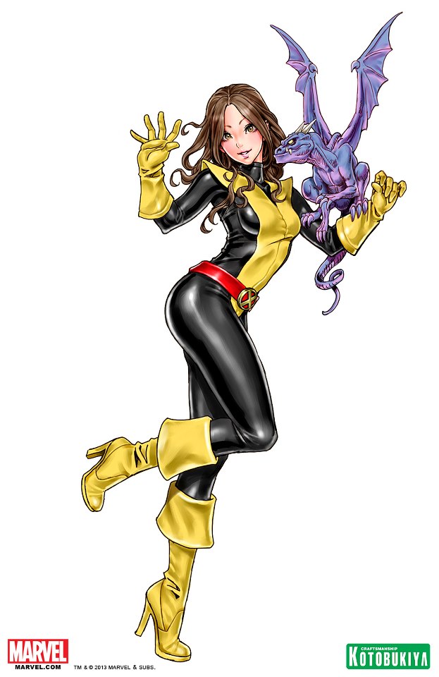 1girl bangs belt belt_buckle blush bodysuit boots brown_hair claws clenched_hand copyright_name dragon elbow_gloves fangs full_body gloves grin high_heel_boots high_heels holding horns katherine_anne_pryde kitty_pride kitty_pryde knee_boots leg_lift lockheed long_hair looking_at_viewer marvel profile purple_skin shiny shiny_clothes simple_background size_difference smile solo standing standing_on_one_leg superhero tabard tail tiptoes turtleneck watermark waving wavy_hair white_background wings x-men yamashita_shun'ya yamashita_shun'ya yellow_eyes yellow_shoes