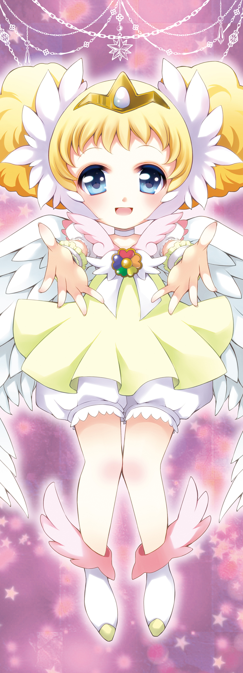 blonde_hair bloomers blue_eyes brooch candy_(smile_precure!) choker double_bun full_body highres jewelry outstretched_hand personification precure puffy_sleeves purple_background royal_candy shoes short_hair skirt smile smile_precure! solo tiara underwear white_bloomers white_choker white_wings wings yellow_skirt yoshii_yumi