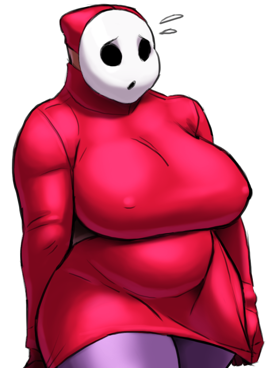 belly borrowed_character breasts covered_nipples dress embarrassed genderswap genderswap_(mtf) highres hollow_eyes hollow_mouth hood hood_up hooded_dress huge_breasts mario_(series) mask nikcesco pantyhose plump purple_legwear red_dress shy_gal shy_guy solo super_mario_bros. sweatdrop sweater sweater_dress thick_thighs thighs transparent_background wide_hips