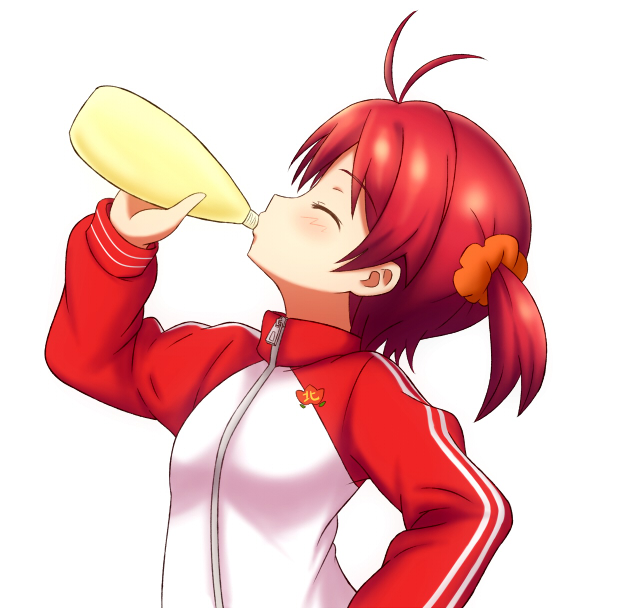 ahoge banitei bottle closed_eyes drinking hair_ornament hand_on_hip isshiki_akane jacket mayonnaise red_hair scrunchie short_hair simple_background solo track_jacket vividred_operation white_background