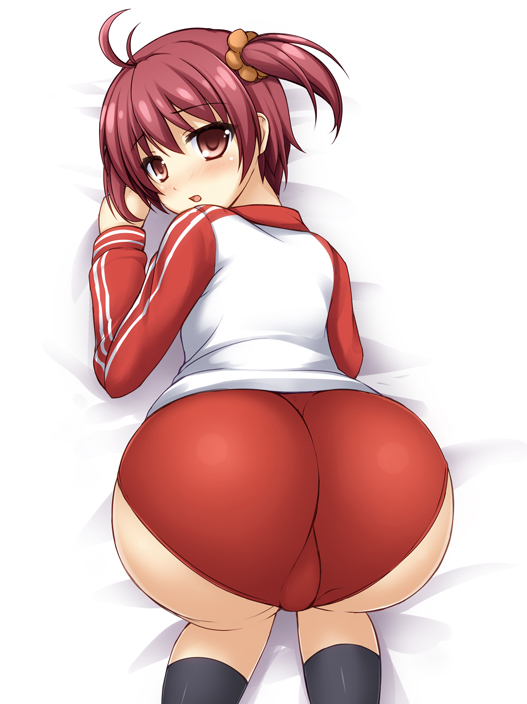 antenna_hair ass bad_id bad_pixiv_id blush buruma don_(29219) from_above from_behind isshiki_akane jacket looking_at_viewer looking_back open_mouth purple_hair red_eyes scrunchie socks solo top-down_bottom-up track_jacket trefoil twintails vividred_operation