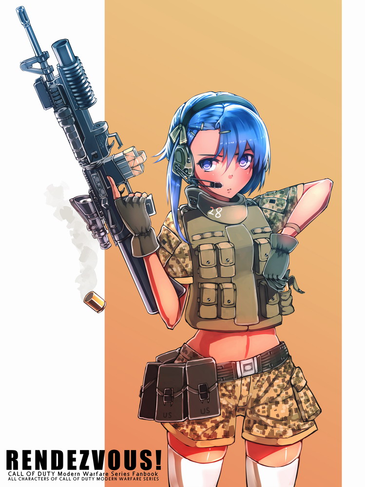 acog assault_rifle belt blue_eyes blue_hair call_of_duty call_of_duty_4 camouflage casing_ejection fanbook fingerless_gloves genderswap genderswap_(mtf) gloves grenade_launcher gun hair_ornament hair_ribbon hairpin headset m16a4 m203 military navel reloading ribbon rifle shell_casing short_hair siqi_(miharuu) solo thighhighs trigger_discipline underbarrel_grenade_launcher vest weapon wristband