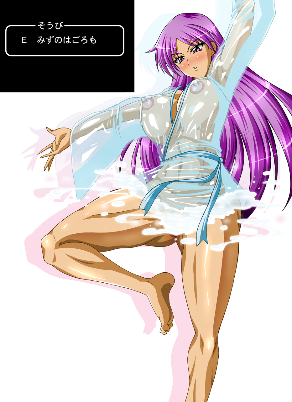 blush breasts chunsoft dragon_quest dragon_quest_iv enix highres huge_breasts manya naked_robe nipples purple_hair rainkeru robe see-through tan thick_thighs thighs translation_request