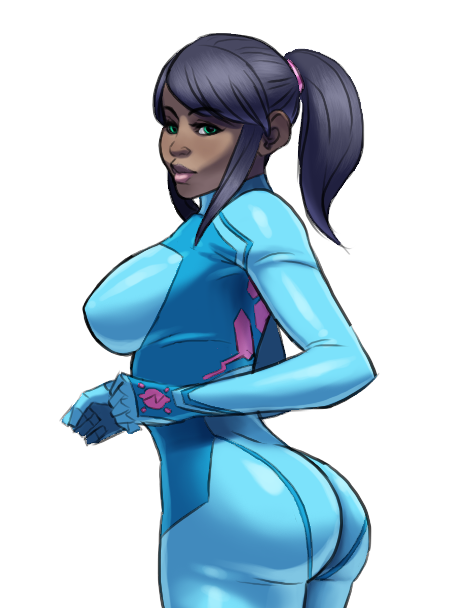 alternate_hair_color alternate_skin_color ass black_hair bodysuit breasts cosplay dark_skin green_eyes highres large_breasts lips lipstick long_hair makeup metroid nikcesco ponytail samus_aran skin_tight solo source_request transparent_background very_dark_skin zero_suit