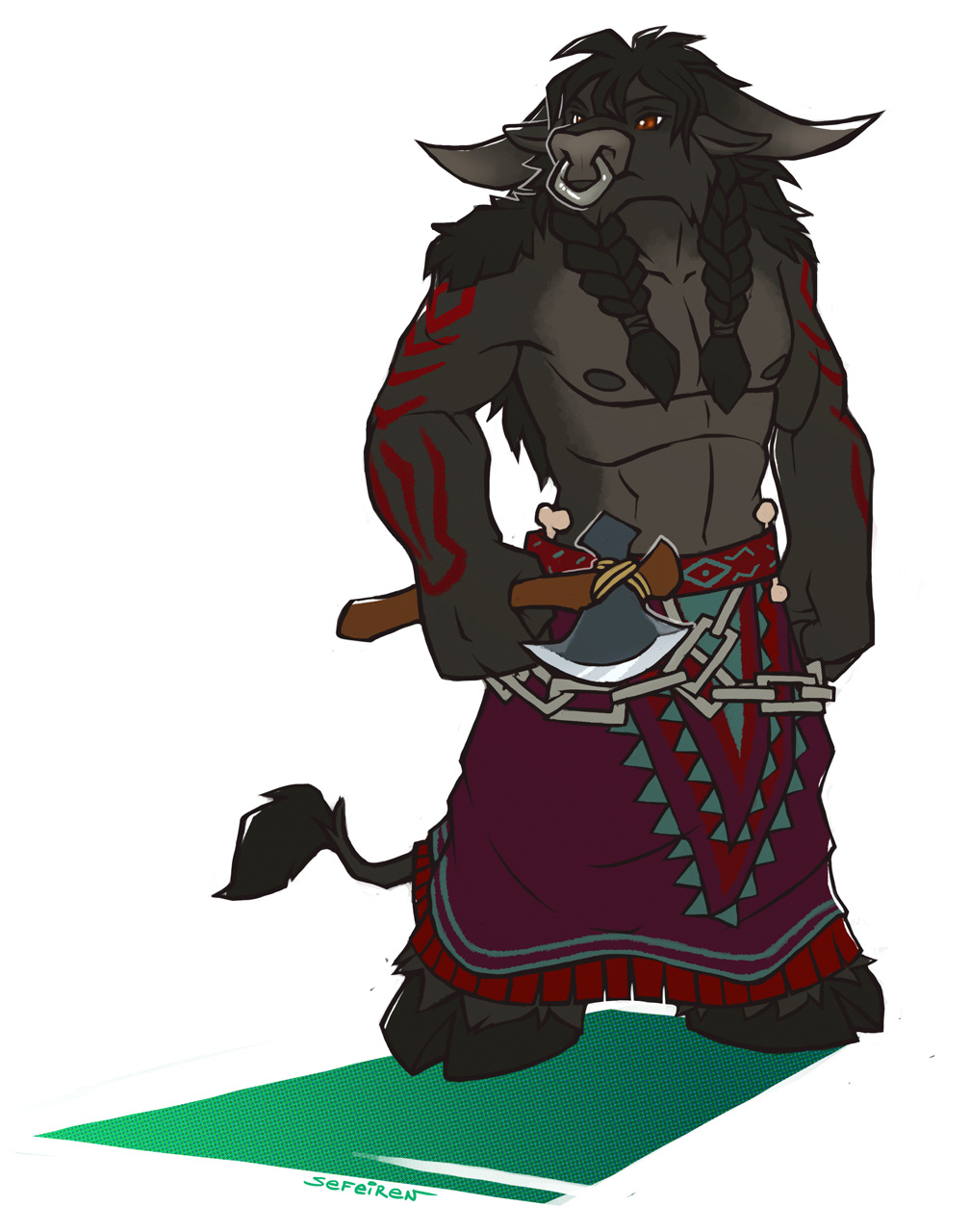 bone bovine braids brown_eyes cattle chain clothed clothing facial_piercing half-dressed hooves horn male mammal mane markings nose_piercing nose_ring piercing sahak_darkcloud sefeiren standing tauren topless video_games warcraft weapon world_of_warcraft