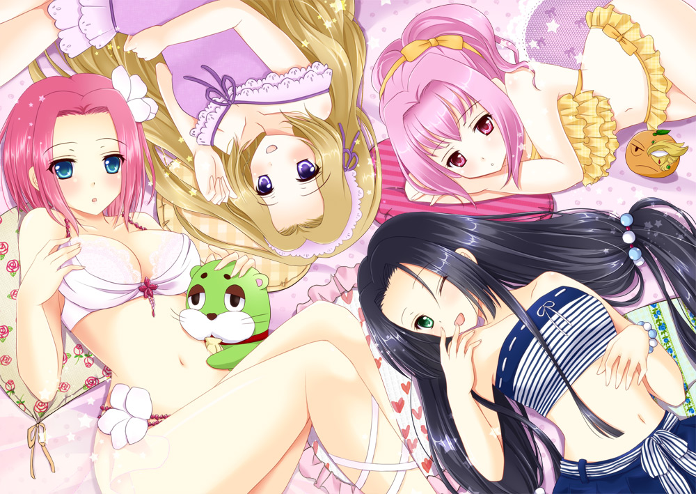 4girls anya_alstreim bare_shoulders black_hair blue_eyes breasts brown_hair code_geass food fruit green_eyes kallen_stadtfeld midriff mizusawa_nagi multiple_girls navel nunnally_lamperouge open_mouth orange pink_hair purple_eyes red_eyes red_hair sumeragi_kaguya