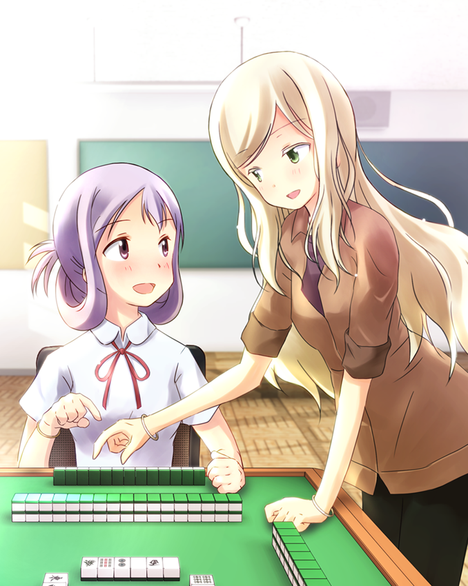 blonde_hair blush green_eyes himematsu_school_uniform kamo_(rsrk) long_hair mahjong mahjong_tile multiple_girls purple_eyes purple_hair saki sitting smile suehara_kyouko zenno_(saki)