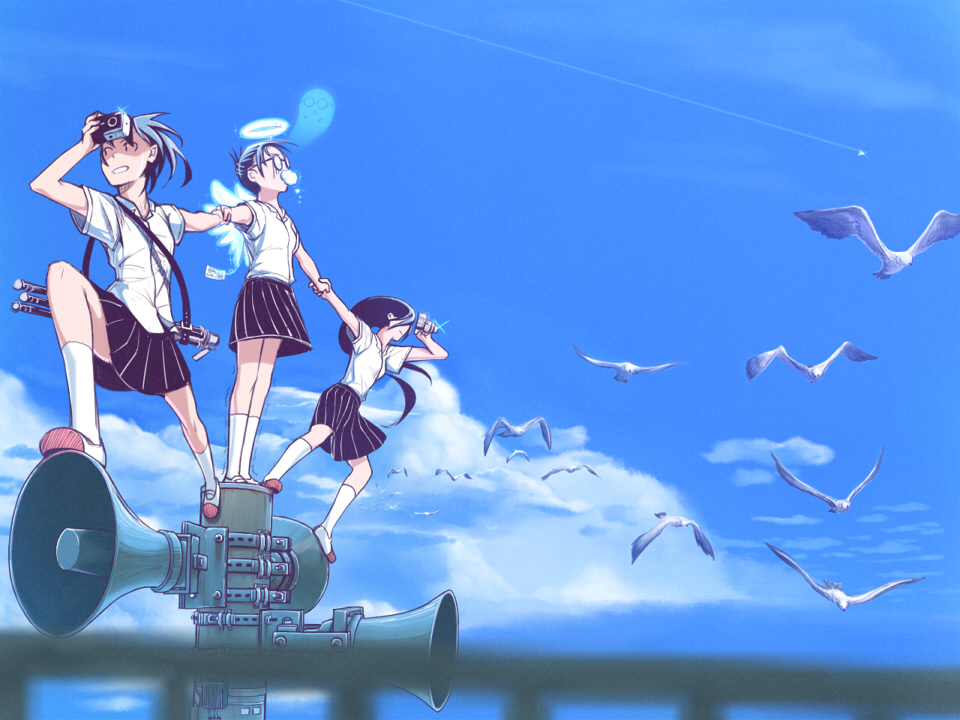 balancing bird camera cloud condensation_trail day foaming_at_the_mouth giving_up_the_ghost glasses halo holding_hands lain long_hair multiple_girls original scared school_uniform seagull short_hair sky turn_pale wings