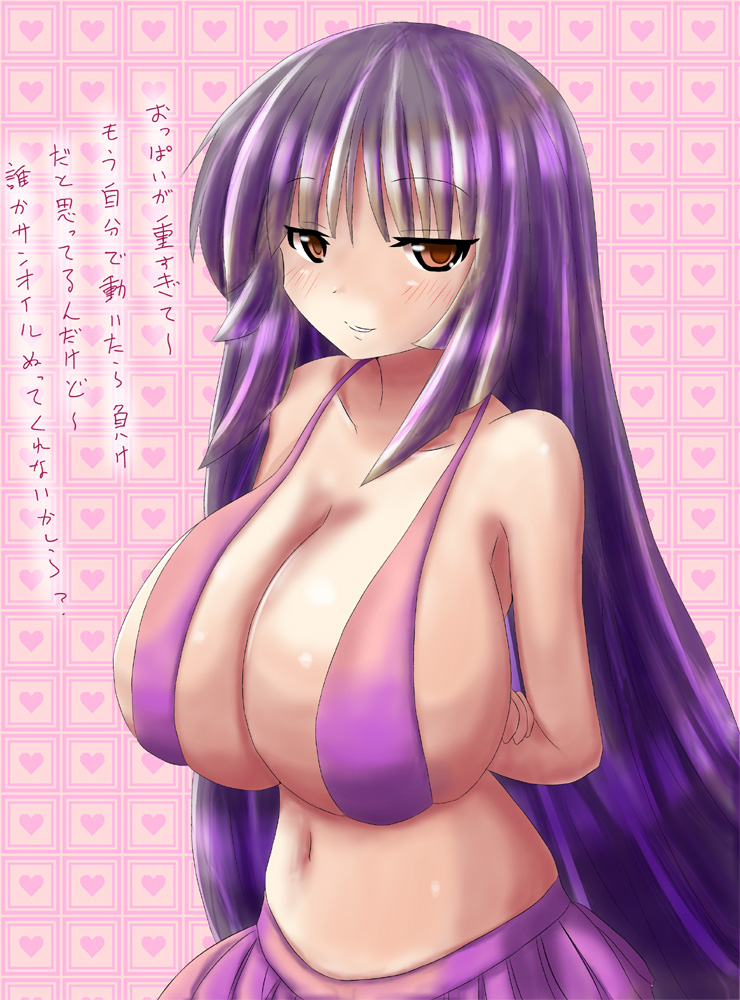 1girl blush breasts cleavage gym_leader huge_breasts natsume_(pokemon) nintendo pokemon purple_hair translation_request