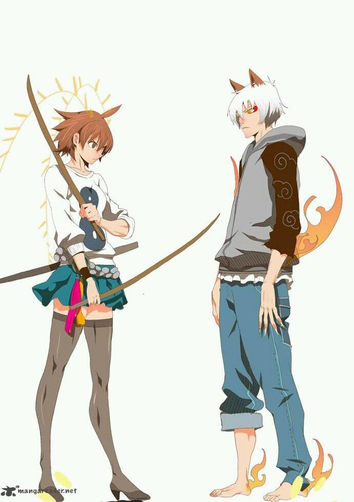 1boy 1girl brown_hair dual_wield fox_ears glasses hooded_jacket jeanshoodie park_il_pyo skirt stand_off stockings the_god_of_highschool white_hair yu_mi_ra