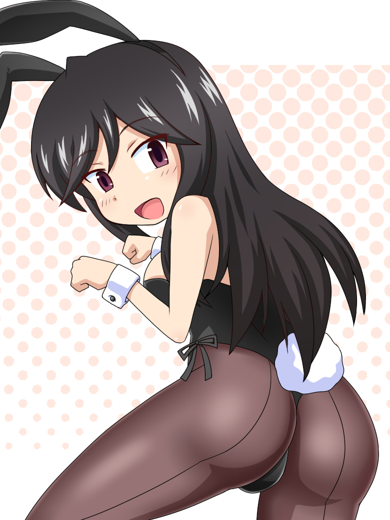 :d a_channel animal_ears ass back-seamed_legwear black_hair bunny_ears bunny_tail bunnysuit from_behind goriate halftone halftone_background leotard long_hair looking_back nishi_yuuko open_mouth pantyhose paw_pose purple_eyes seamed_legwear smile solo tail thong_leotard wrist_cuffs