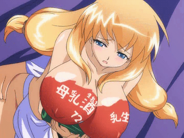 1girl animated animated_gif blonde_hair blue_eyes body_writing bottle bouncing_breasts breast_hold breasts hanging_breasts hinata_nanami huge_breasts leaning_forward loincloth long_hair long_twintails male_hand nipples no_panties open_mouth oppai_baka puffy_nipples sex solo_focus topless translated tsuri_baka twintails