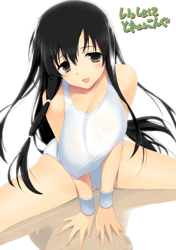 armband bare_shoulders black_hair breast_squeeze breasts brown_eyes cleavage covered_nipples hima huge_breasts issho_ni_training iwato_kasumi leotard long_hair looking_at_viewer open_mouth parody reflective_floor saki smile solo spread_legs sweat very_long_hair white_background