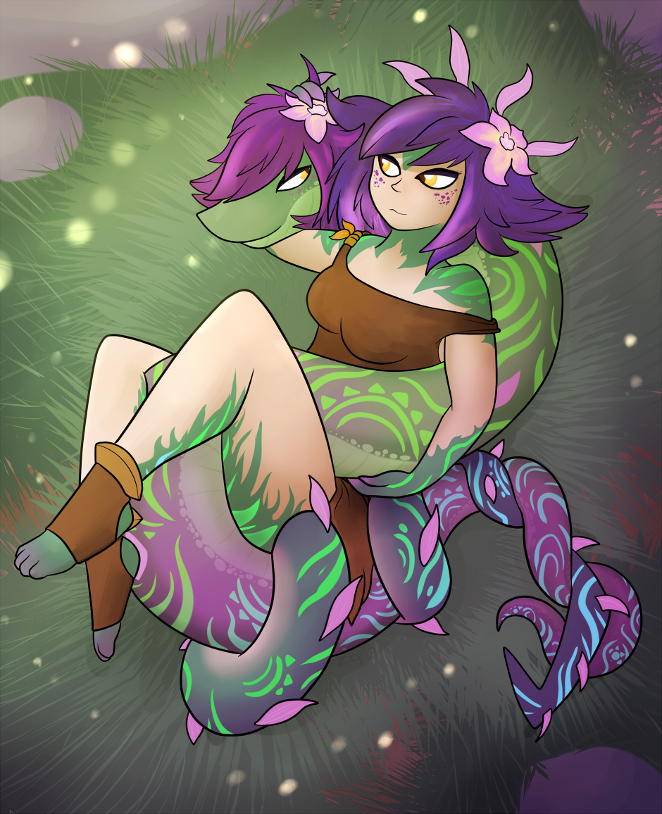 anthro captainzepto coiling duo female feral flower grass human league_of_legends mammal neeko plant reptile riot_games scalie snake tattoo video_games