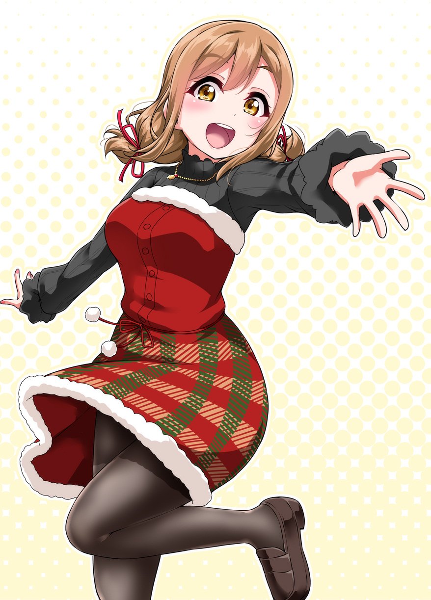 1girl :d bangs black_footwear black_legwear black_shirt blush commentary_request dress fur-trimmed_dress hair_ribbon halftone halftone_background highres jewelry kunikida_hanamaru loafers long_sleeves looking_at_viewer love_live! love_live!_sunshine!! low_twintails open_mouth outline outstretched_hand pantyhose pendant plaid plaid_dress pom_pom_(clothes) red_dress red_ribbon ribbon shirt shoes smile solo standing twintails white_outline yellow_eyes yopparai_oni