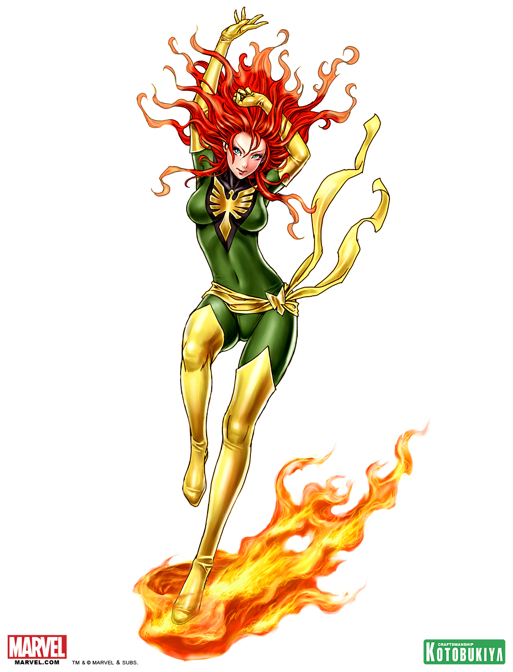 arms_up belt bird blush bodysuit boots costume elbow_gloves fire flying full_body gloves green_eyes highres jean_grey latex lipstick long_hair makeup marvel phoenix phoenix_(x-men) red_hair shiny shiny_clothes simple_background skin_tight smile solo thigh_boots thighhighs watermark wavy_hair x-men yamashita_shun'ya yamashita_shun'ya yellow_legwear
