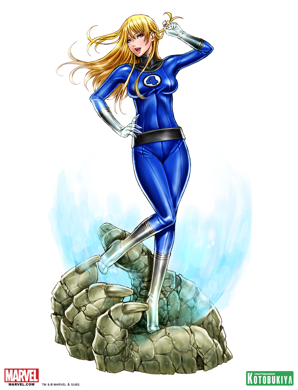 1girl :d adjusting_hair arm_up bangs belt blonde_hair blue_eyes blush bodysuit boots claws copyright_name crack fantastic_four fingernails floating_hair full_body giganto_(fantastic_four) gloves glowing hair_between_eyes hair_twirling hand_on_hip hands high_heels highres holding invisible invisible_woman knee_boots leg_lift light_particles lipstick long_fingernails long_hair looking_at_viewer makeup marvel monster naughty_face number open_mouth rock shiny shiny_clothes shirt shoes simple_background size_difference smile solo standing standing_on_one_leg superhero susan_storm taut_clothes taut_shirt transparent turtleneck watermark white_background yamashita_shun'ya yamashita_shun'ya