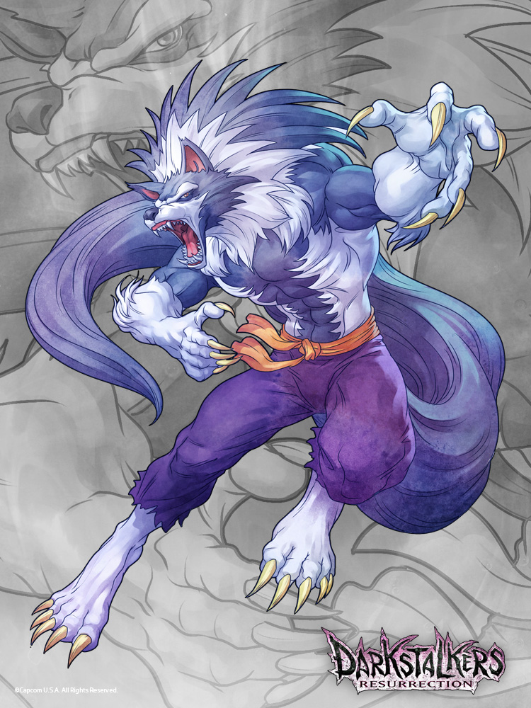 anthro artgerm belt biceps black_nose blue_fur blue_hair canine claws clothing darkstalkers fangs flexing fur hair jon_talbain looking_at_viewer male mammal muscles open_mouth orange_eyes pants pecs pose solo standing teeth toe_claws toned topless video_games were werewolf white_fur white_hair wolf