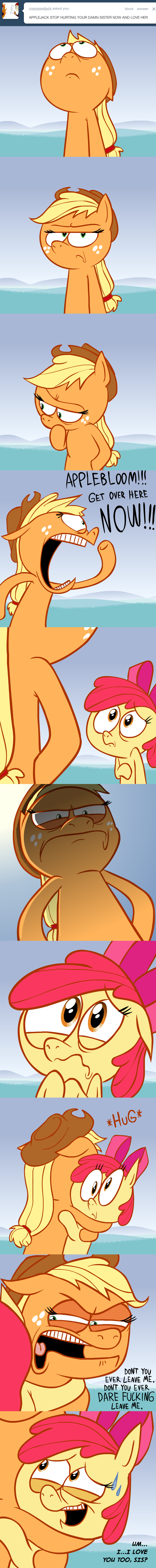 apple_bloom_(mlp) applejack_(mlp) ask_jappleack blonde_hair bow cub english_text equine fear female feral friendship_is_magic fruit green_eyes hair hat horse hotdiggedydemon hug mammal my_little_pony pony red_hair sad sibling sisters text tumblr young