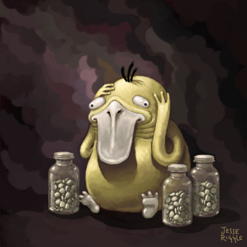 anime avian barefoot beak bird black_hair bottle chubby cross-eyed derp duck english_text hair hand_on_head hat jar jars jessie_riggle nightmare_fuel nintendo o.o o_o pills pok&#233;mon pok&eacute;mon psyduck rock rocks sad short_hair sitting smoke stone stones text video_games what wrinkle yellow_skin young