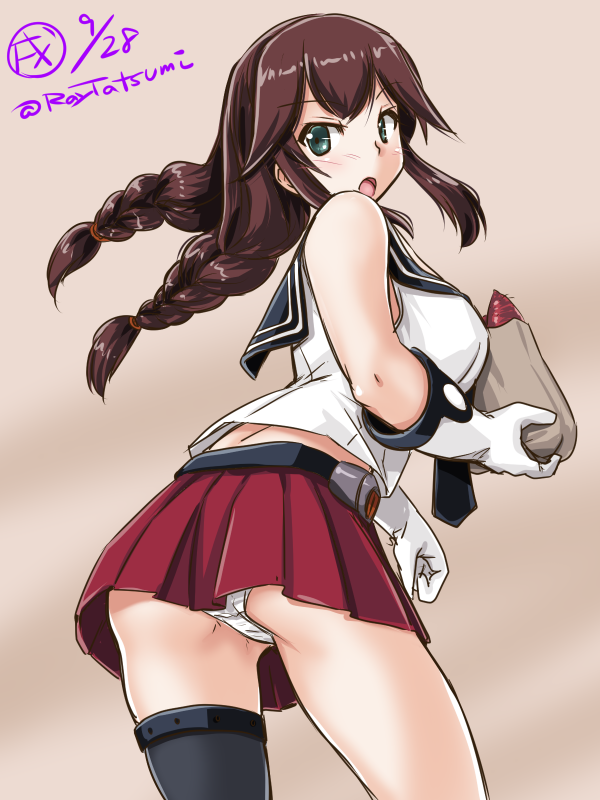 1girl artist_logo ass asymmetrical_legwear bag bangs black_neckwear black_sailor_collar braid brown_hair cowboy_shot dated food from_behind gloves green_eyes kantai_collection necktie noshiro_(kantai_collection) panties pantyshot paper_bag pleated_skirt red_skirt sailor_collar school_uniform serafuku single_thighhigh skirt solo sweet_potato swept_bangs tatsumi_ray thighhighs twin_braids twitter_username underwear white_gloves white_panties