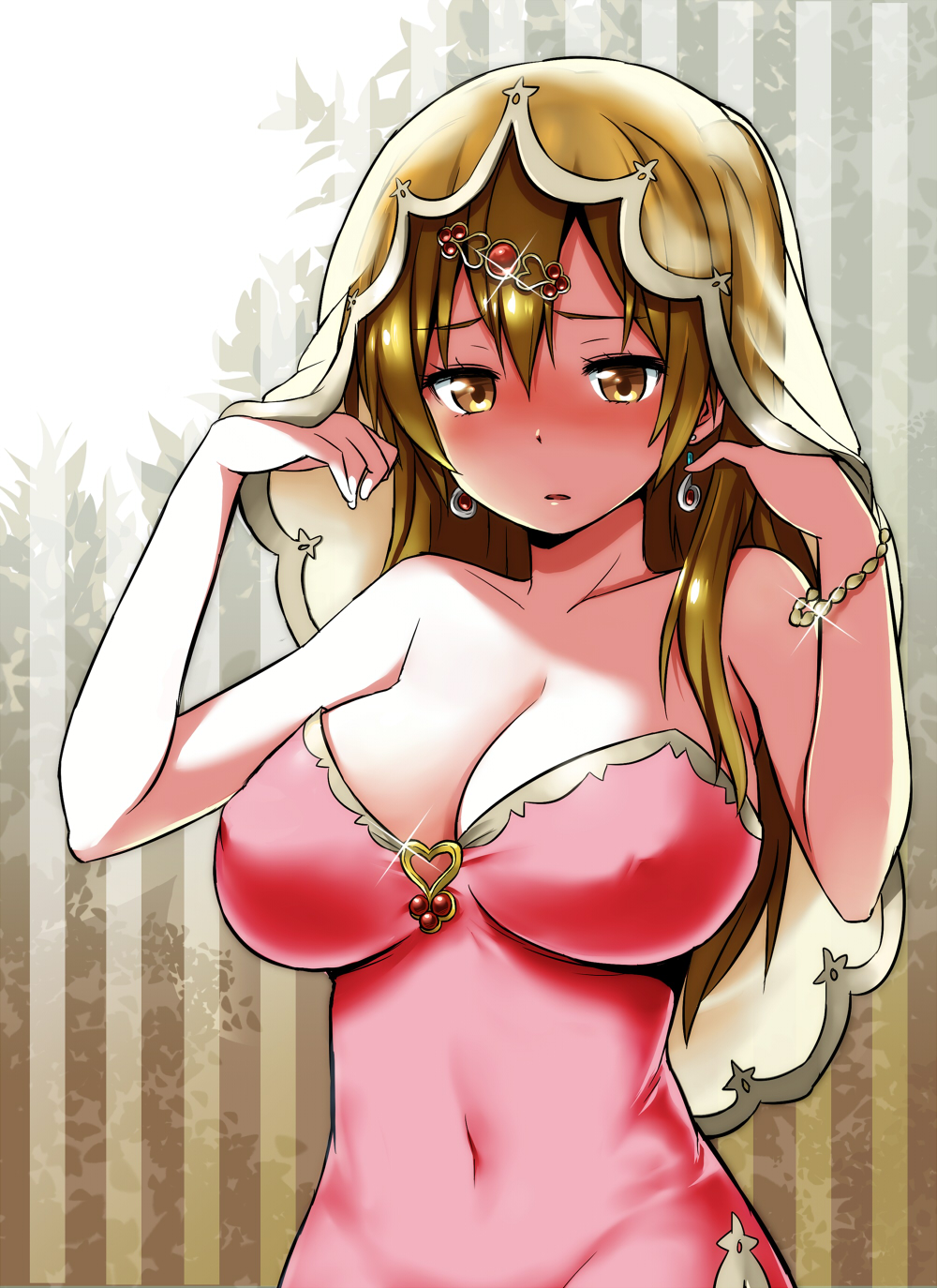 alternate_costume bare_shoulders blonde_hair blush bracelet breasts brown_eyes chuunibyou_demo_koi_ga_shitai! cleavage cover cover_page covered_navel covered_nipples doujin_cover dress earrings full-face_blush hair_ornament hairclip highres impossible_clothes jewelry large_breasts long_hair mori_summer nibutani_shinka no_bra revision solo strapless strapless_dress veil yellow_eyes zaxwu