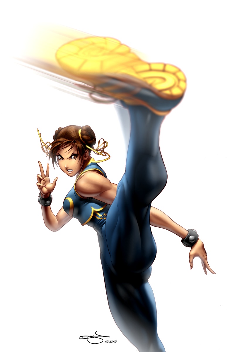 abs angry blue_bodysuit bodysuit breasts brown_eyes brown_hair chun-li cropped_jacket double_bun dress high_kick highres kicking large_breasts lips makeup motion_blur muscle official_art omar_dogan shoes short_hair signature skin_tight sneakers solo street_fighter street_fighter_zero_(series) thick_thighs thighs unitard
