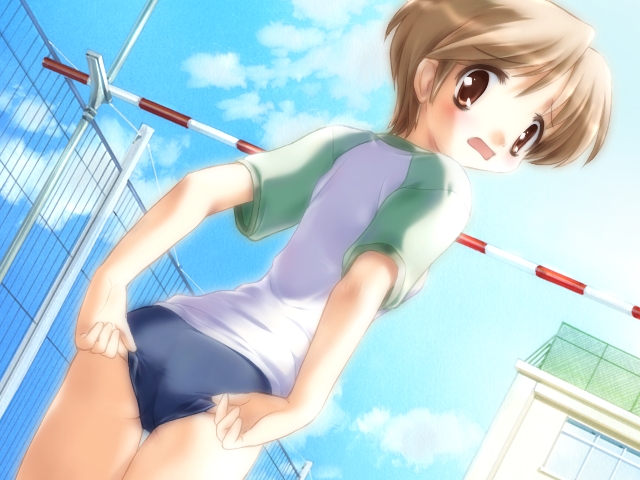 1girl blush brown_eyes brown_hair buruma canvas cloud cocktail_soft f&amp;c fence game_cg gayarou gym_uniform looking_back nanashiro_yuzu open_mouth outdoors pole short_hair sky solo window