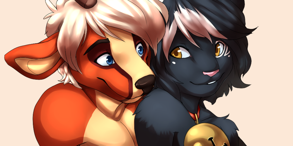 antlers bell black-kalak black_fur black_hair black_nose blue_eyes brown_fur cervine clothed clothing collar couple cute deer duo fur gay hair half-dressed horn hug love male mammal orange_eyes phoenixe_(character) plain_background romantic smile tan_fur teeth topless white_fur white_hair