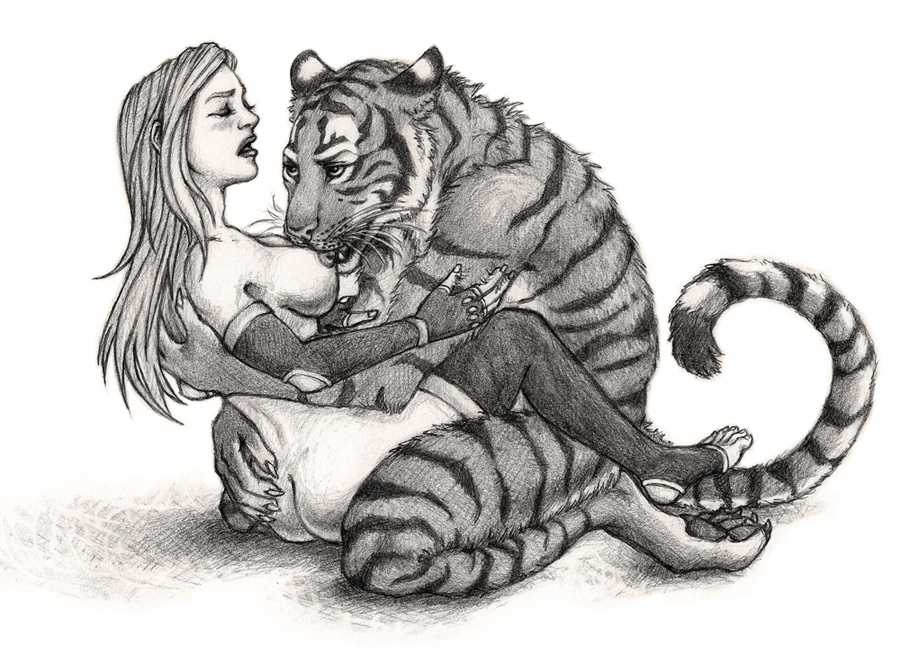 anthro breast_suck breasts digitigrade duo ezzleo feline female hair hindpaw human human_on_anthro interspecies kathleen kneeling kymo light_skin male mammal monochrome nipples nude open_mouth pawpads paws plain_background russ sex straight stripes tiger toes white_background