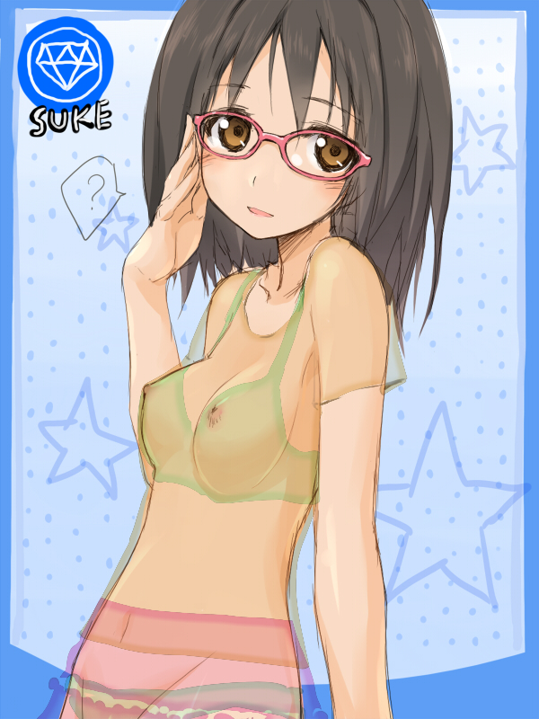 ? akata_itsuki blush breasts card_(medium) card_parody cinderella_girls_card_parody glasses idolmaster idolmaster_cinderella_girls kamijou_haruna looking_at_viewer nipples panties see-through short_hair small_breasts smile solo star underwear