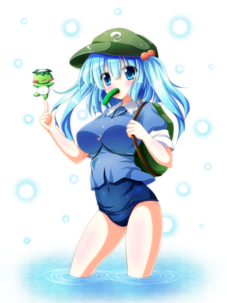 backpack bag blue_eyes blue_hair blush breasts bubble covered_navel cucumber hair_bobbles hair_ornament hat kappa kawashiro_nitori key large_breasts one-piece_swimsuit osashin_(osada) ripples school_swimsuit short_hair skirt sleeves_rolled_up swimsuit swimsuit_under_clothes touhou two_side_up water