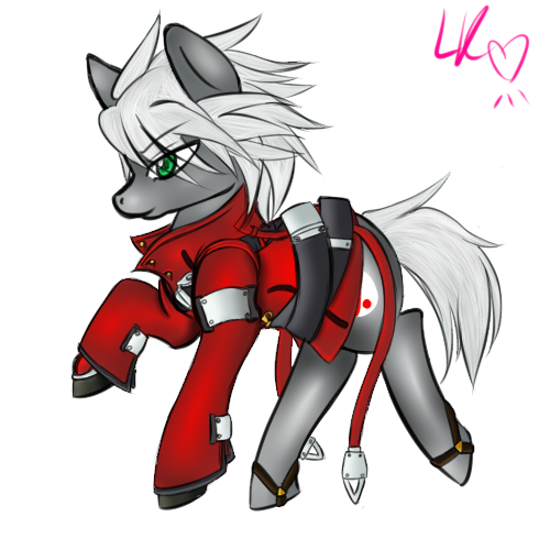 cennybunz clothing coat equine green_eyes grey_body hair horse male mammal my_little_pony plain_background ponification pony ragna ragna_the_bloodedge red_clothing solo white_background white_hair