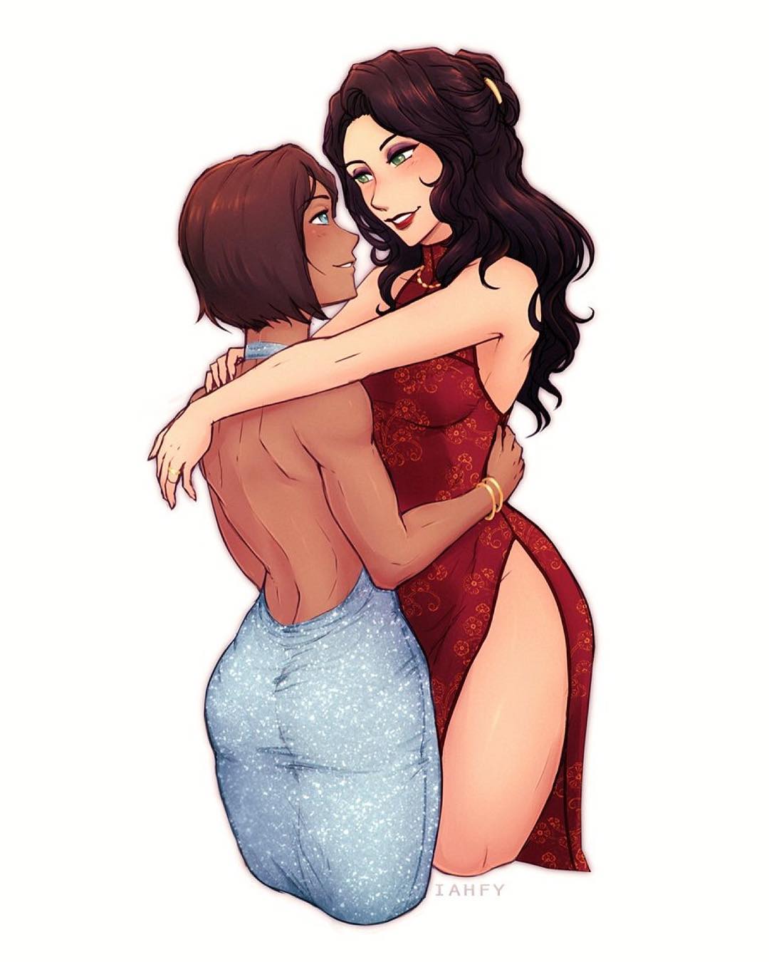 2girls artist_name asami_sato ass avatar_(series) backless_dress backless_outfit bare_back black_hair blue_dress blue_eyes blush bracelet breasts brown_hair collarbone cropped_legs dark_skin dress green_eyes halterneck highres hips hug iahfy jewelry korra lipstick long_hair makeup multiple_girls parted_lips profile red_dress ring short_hair shoulder_blades simple_background smile the_legend_of_korra thighs wedding_band white_background wife_and_wife yuri