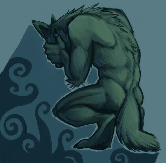 abstract_background airu back black_fur canine claws cool_colors crouching digitigrade facepalm fur green_theme male mammal nude simple_background solo toe_claws toned wolf