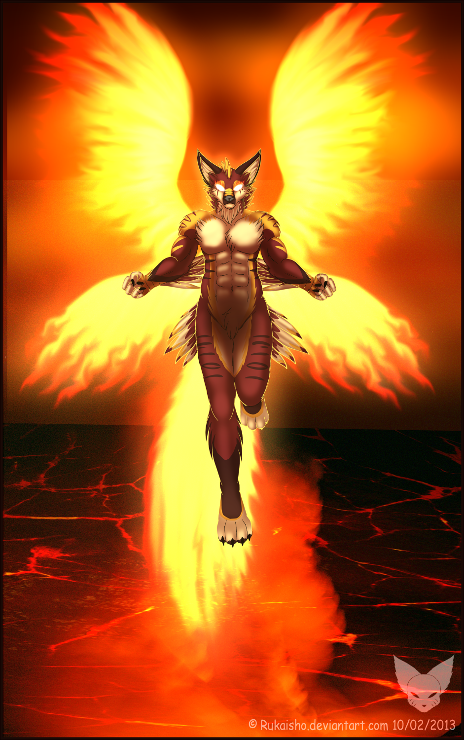 4_toes anthro canine claws feathers fire flames fox hybrid invalid_tag lava lazarus male mammal mark_haynes paws phoenix warm_colors wings