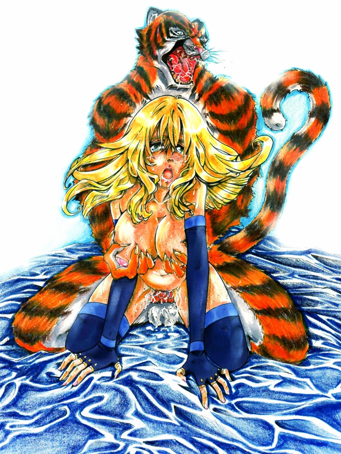 biceps big_muscles blonde_hair blush breasts duo ezzleo feline female from_behind fur hair human human_on_anthro interspecies kathleen light_skin male mammal muscles nipples open_mouth orange_fur penetration russ sex straight tiger unknown_artist vaginal vaginal_penetration