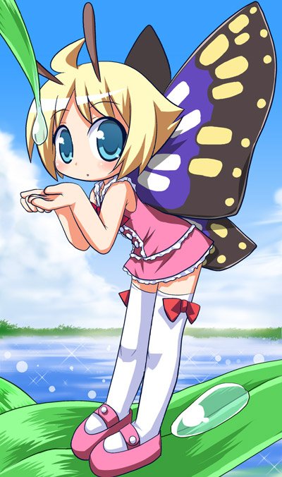 ahoge antennae blonde_hair blue_eyes blush bow butterfly_wings chibi cupping_hands day dew_drop dress fairy frills leaf leaning_forward light_particles looking_at_viewer mary_janes ocean osaragi_mitama shimon shimotsuma shoes short_hair sky solo thighhighs water_drop white_legwear wings