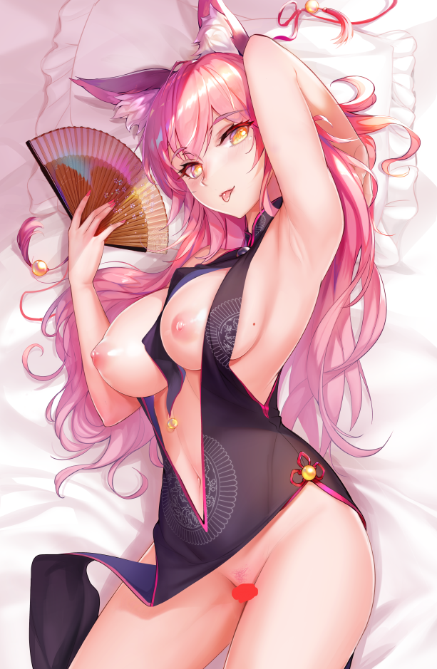 1girl :p animal_ear_fluff animal_ears arm_behind_head bangs bare_shoulders bed_sheet bell black_dress black_gloves blush breasts censored center_opening china_dress chinese_clothes dress fan fate/grand_order fate_(series) folding_fan fox_ears fox_girl fox_tail gloves hair_between_eyes hips jingle_bell koyanskaya large_breasts long_hair looking_at_viewer mole mole_on_breast navel nipples pillow pink_hair sideboob smile solo tail thighs tongue tongue_out tsuki_no_i-min underboob yellow_eyes