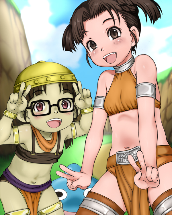 :d armlet bare_shoulders blush bracelet brown_eyes brown_hair character_request cloud collarbone day double_v dragon_quest dragon_quest_x dwarf_(dq10) e10 glasses green_skin hat jewelry loincloth looking_at_viewer multiple_girls navel open_mouth outdoors red_eyes scarf sky slime_(dragon_quest) smile thighhighs v