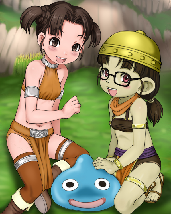 :d armlet bare_shoulders blush boots bracelet brown_eyes brown_hair character_request creature dragon_quest dragon_quest_x dwarf_(dq10) e10 glasses grass green_skin hat jewelry looking_at_viewer multiple_girls navel open_mouth plant red_eyes sandals sitting slime_(dragon_quest) smile squatting thighhighs toes wariza yokozuwari