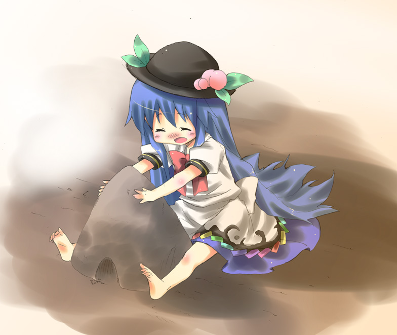 bad_id bad_pixiv_id barefoot blue_hair blush bow feet food fruit happy hat hinanawi_tenshi long_hair peach ribbon sand sand_castle sand_sculpture smile solo subachi touhou younger